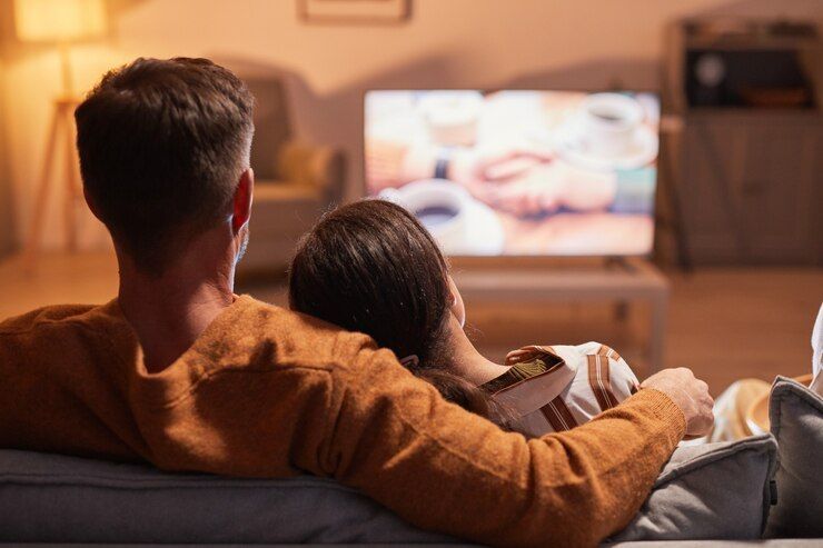 Couple snuggled on couch watching TV in dimly lit room; man with arm around woman.