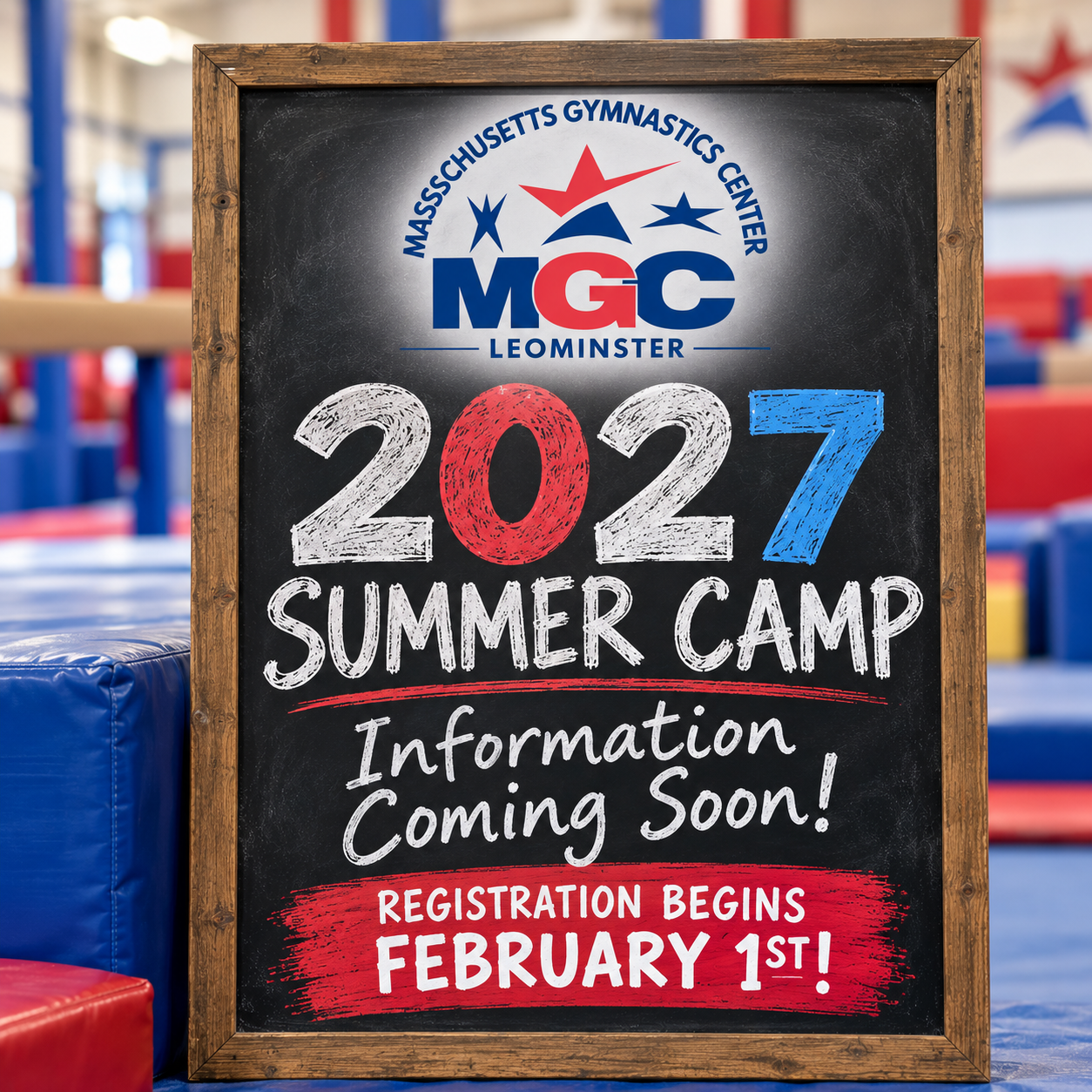 Gymnastics summer camp flyer with a child, gymnastics, and weekly themes.