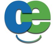 A blue capital C overlapping a green lowercase e, with a curved arrow below transitioning from blue to green.
