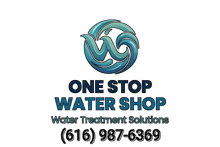 One Stop Water Shop logo with teal swirl, water treatment solutions, and phone number (616) 987-6369