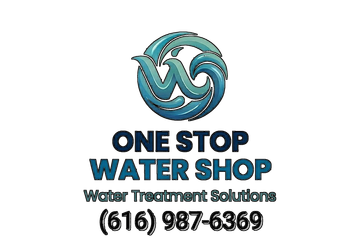 One Stop Water Shop logo with teal swirl, water treatment solutions, and phone number (616) 987-6369