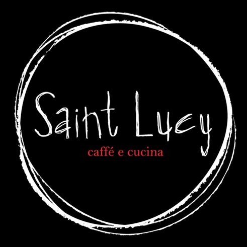 The logo for saint lucy caffe e cucina is white on a black background