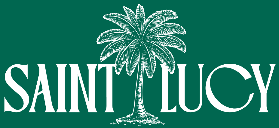 The logo for saint lucy caffe e cucina is white on a black background
