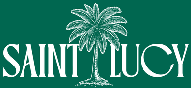 The logo for saint lucy caffe e cucina is white on a black background