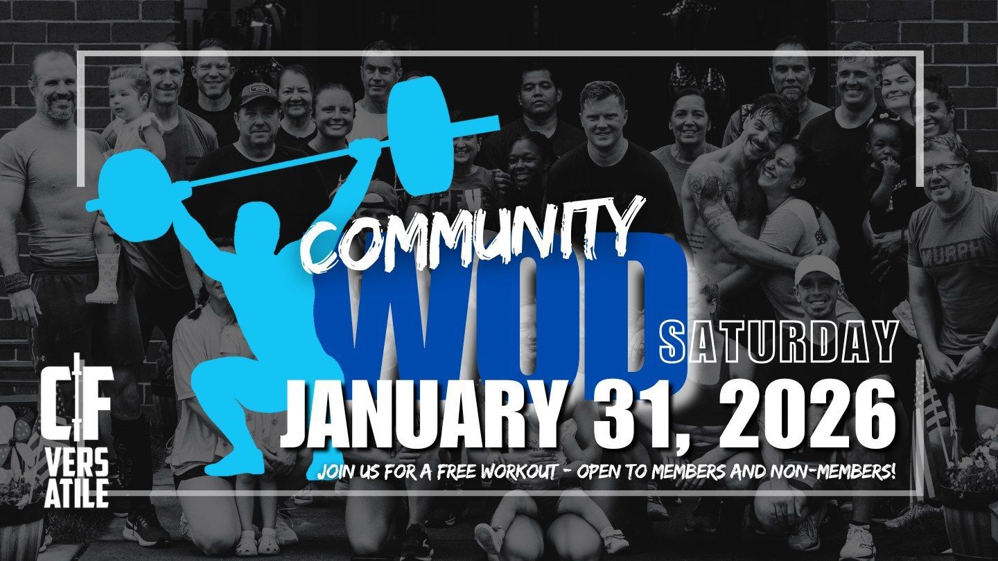 Group of people in front of a gym with a blue silhouette lifting weights. The text reads