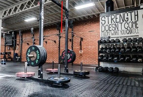 Gym interior with weights, squat racks, and 
