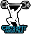 White silhouette of person doing overhead squat with barbell; blue "CrossFit Versatile" text.