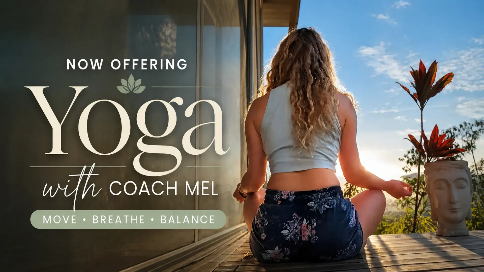 Yoga promo poster with coach Mel, woman meditating outdoors at sunset, “Move • Breathe • Dance”