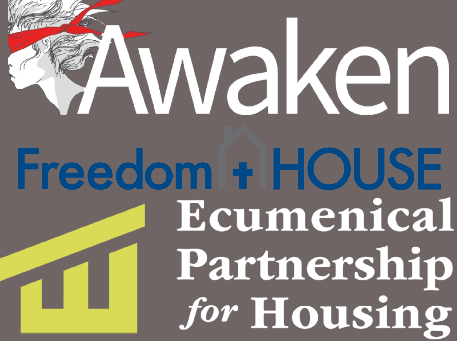 The logo for awaken freedom + house ecumenical partnership for housing