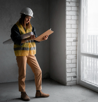 Construction worker in hard hat and safety vest reviewing a clipboard by a window.