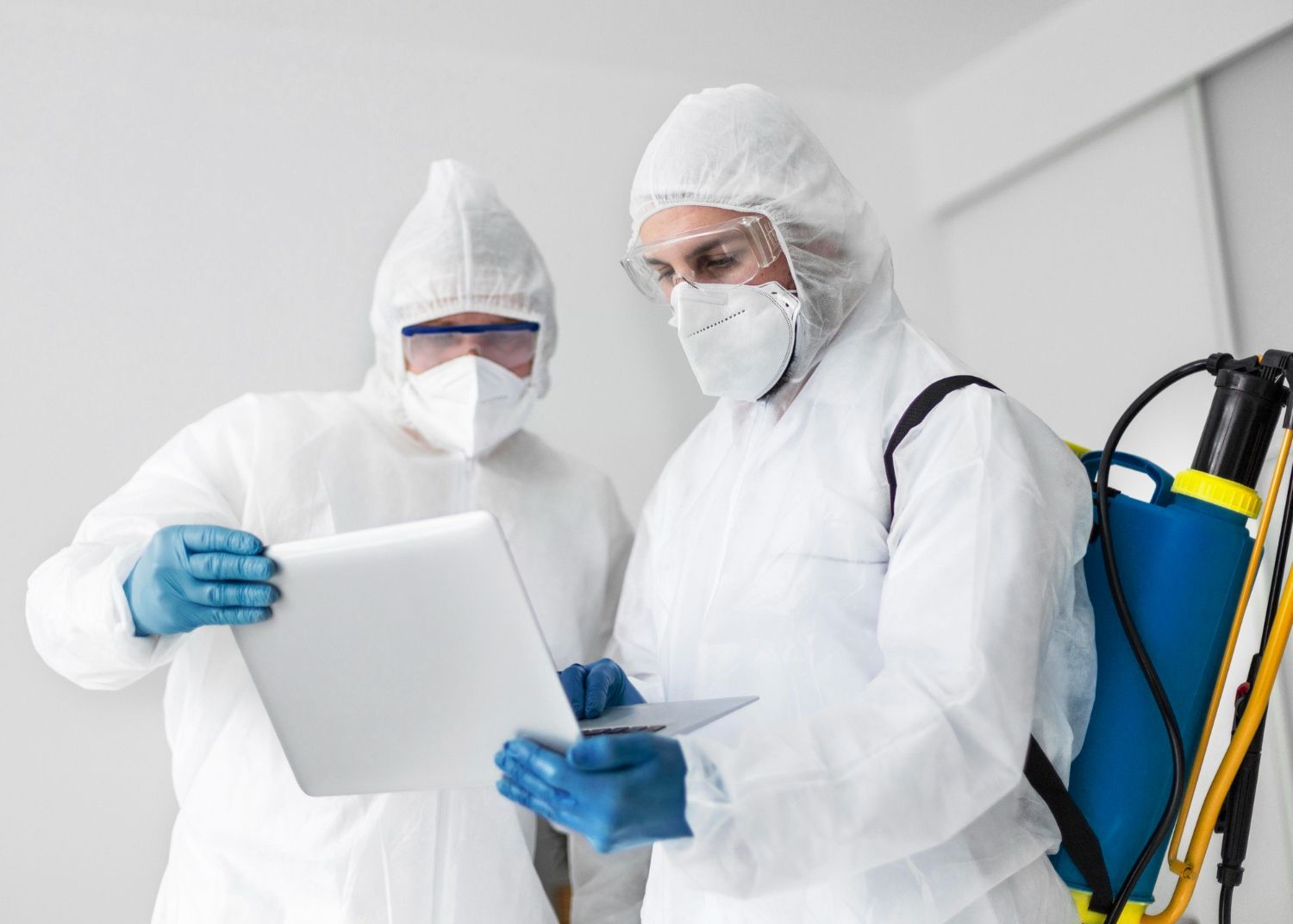 Two workers in white protective suits reviewing a tablet, with a backpack sprayer in the background.