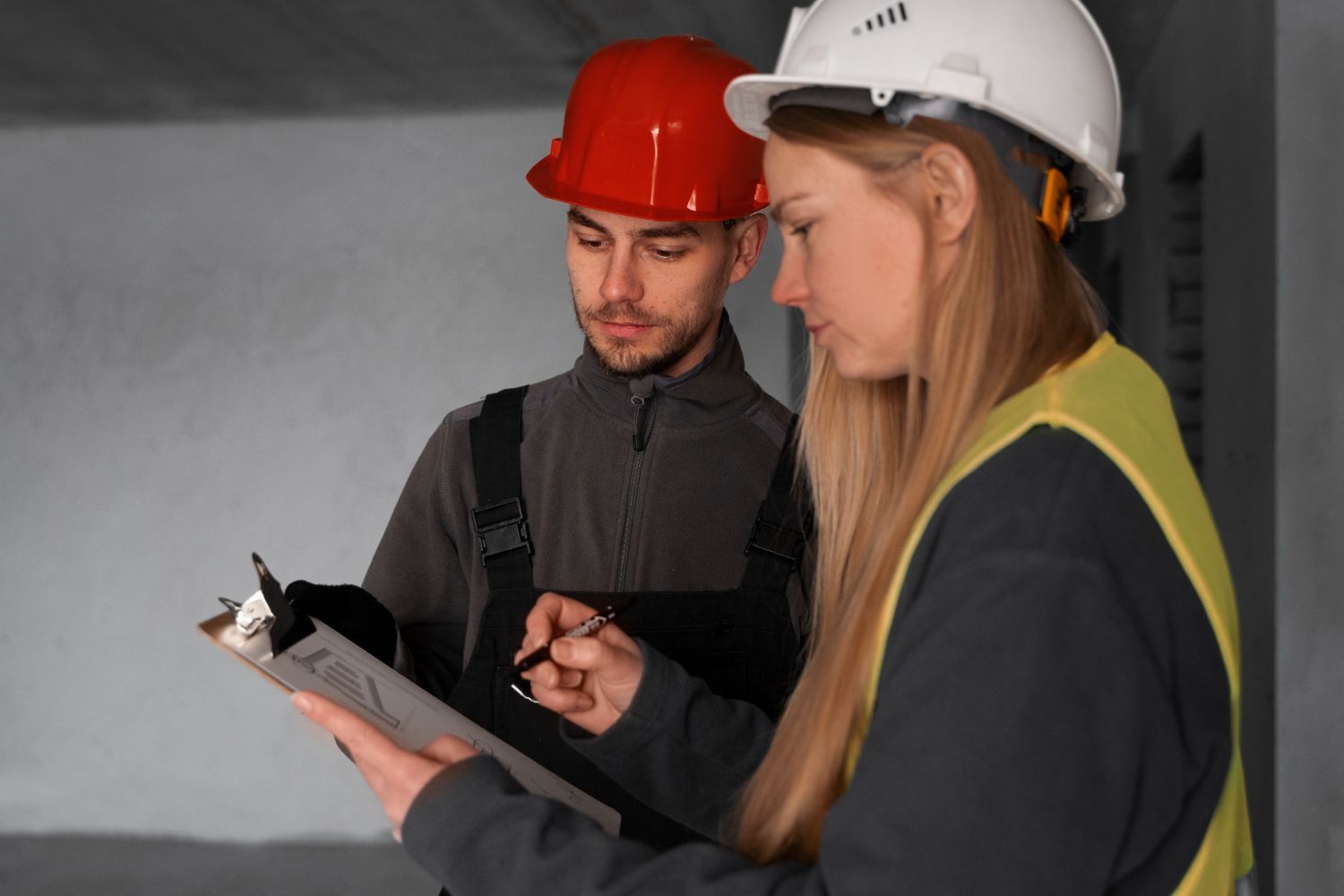 Two construction workers in hard hats reviewing a clipboard at a building site