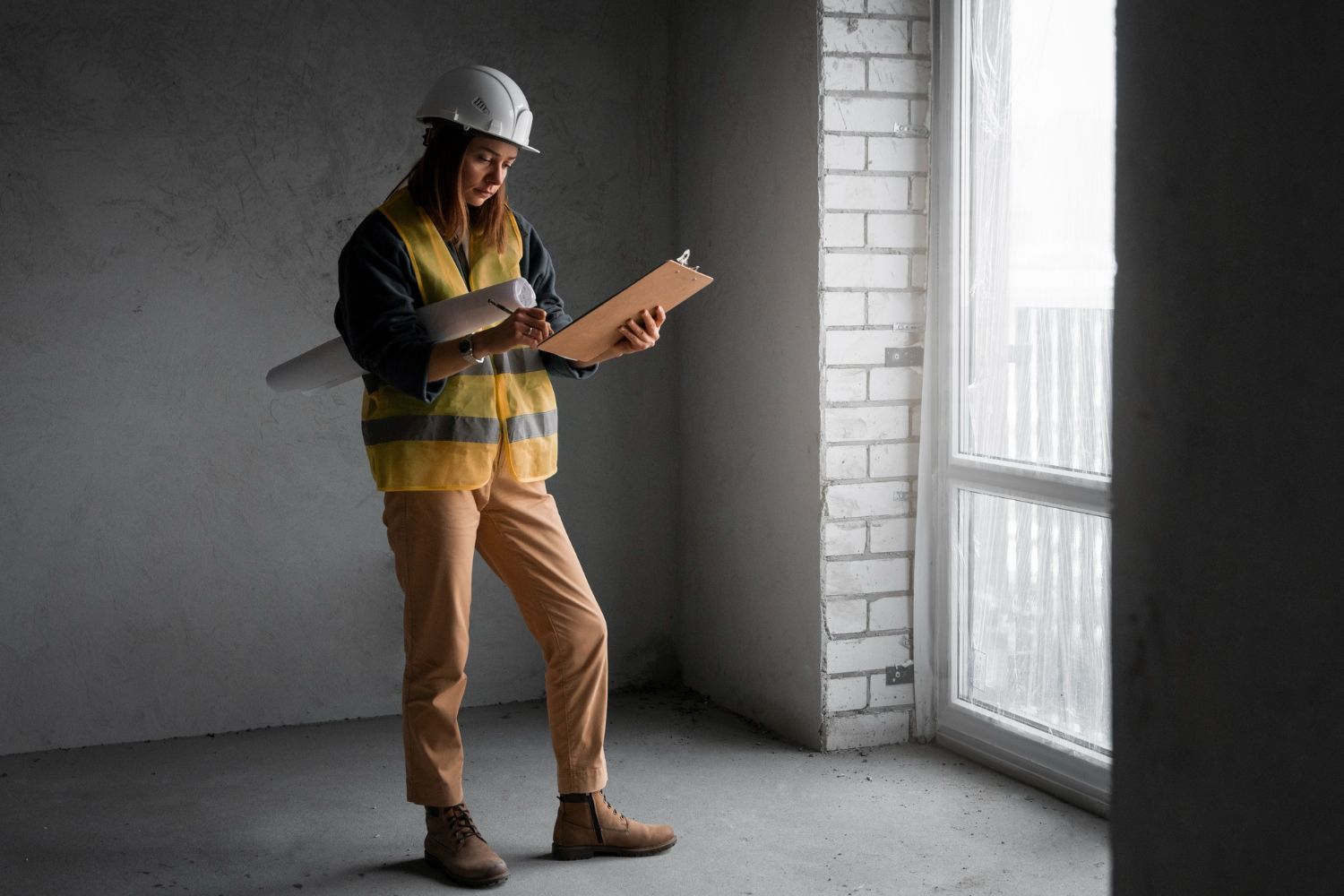 Construction worker in hard hat and safety vest taking notes beside a window in an unfinished room