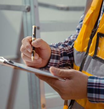 Construction worker holding a pen and clipboard, taking notes in a yellow safety vest.