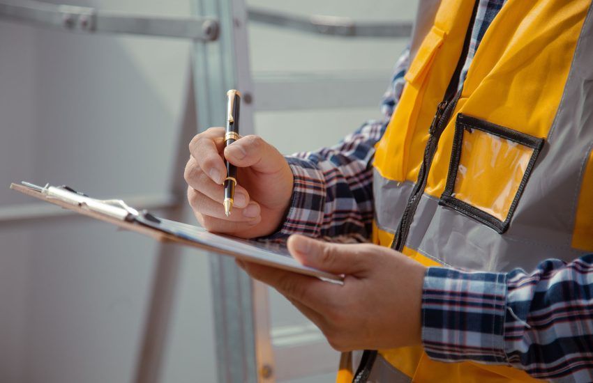 Construction worker in yellow vest writing on a clipboard with a pen