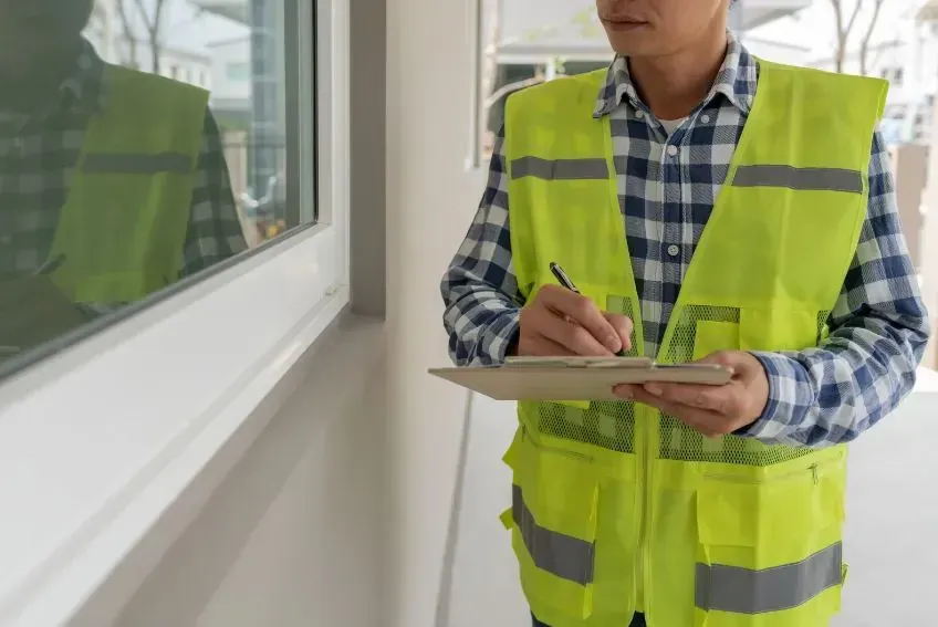 Worker in a neon yellow safety vest writing on a clipboard in a hallway by a window.