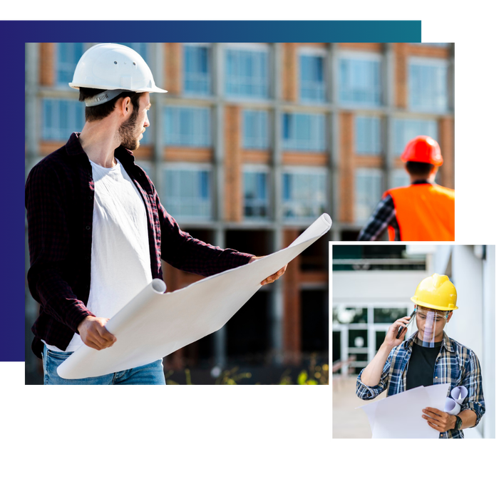 Construction workers reviewing blueprints at a building site, with inset photos of workers in hard hats.