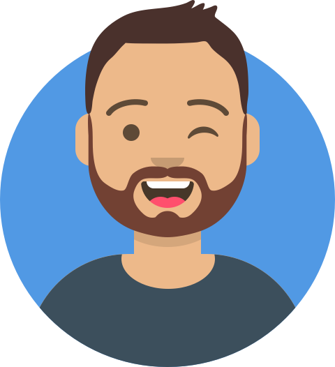 Smiling cartoon avatar with beard, winking and sticking out tongue on a blue circle background