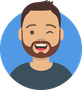 Smiling cartoon avatar with beard, winking and sticking out tongue on a blue circle background