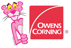 Pink panther mascot beside the Owens Corning logo on a white background