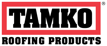 TAMKO Roofing Products logo in black text on a red and white background