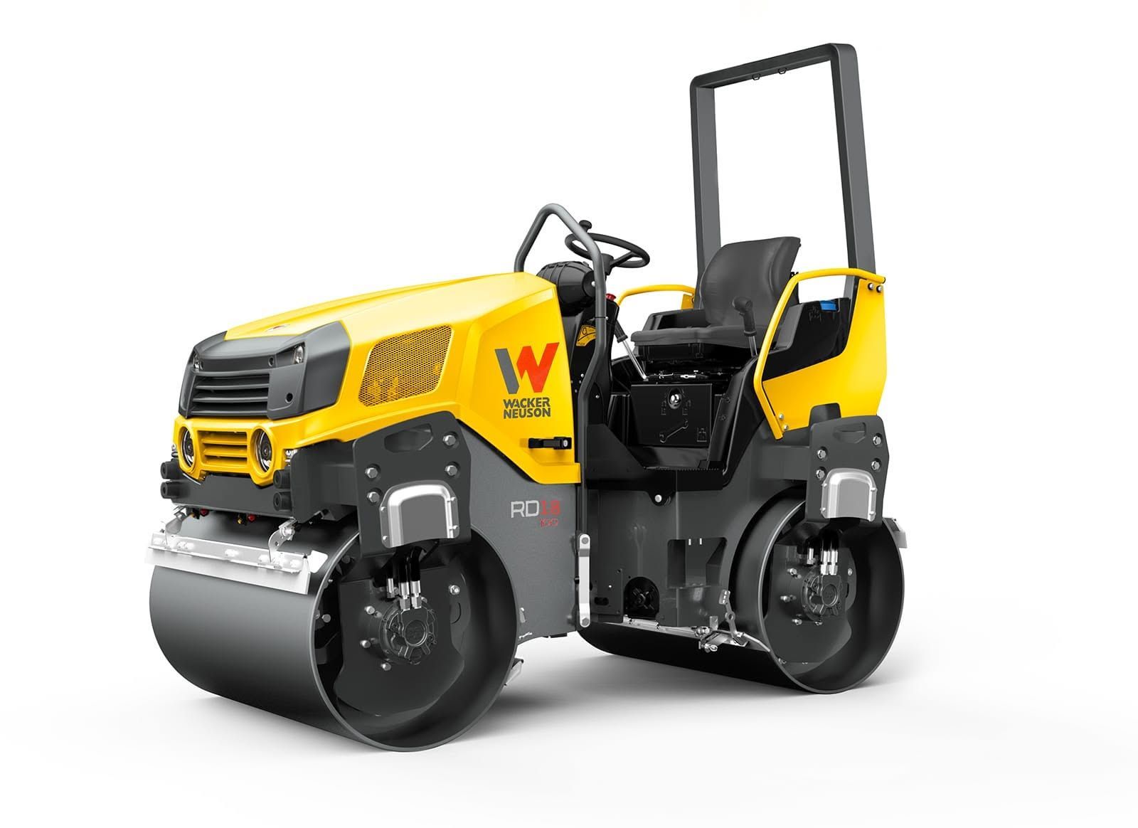 Yellow and gray road roller with open cab, front view on white background — Mount Isa Hire Service & Sales in Mount Isa City, QLD