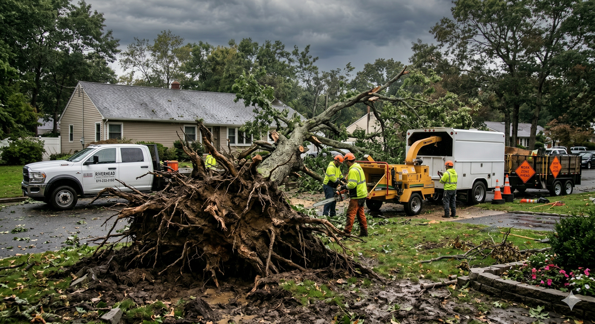 Heavy equipment lifting large storm fallen tree from residential backyard safely