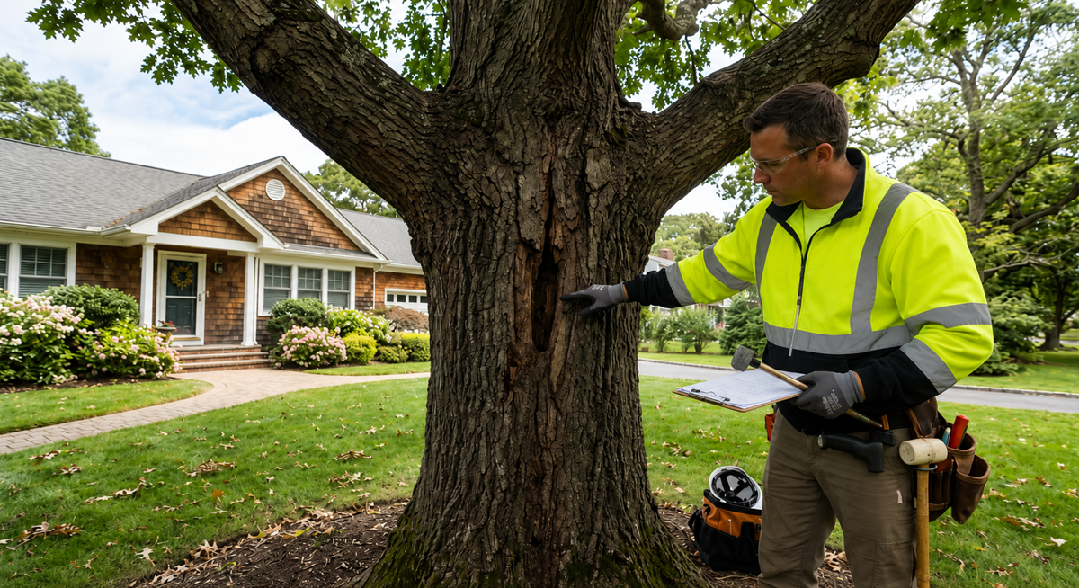 Certified arborist inspecting damaged tree before removal work begins
