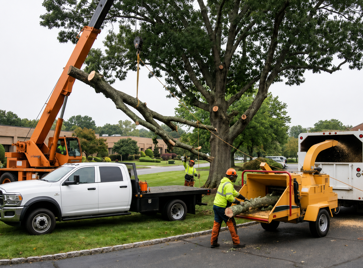 Arborist using safety gear for hazardous tree cutting after storm