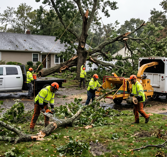 Chainsaw cutting damaged trunk during emergency tree service work
