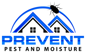 Logo for Prevent Pest and Moisture, with blue houses, a cockroach, and blue text.