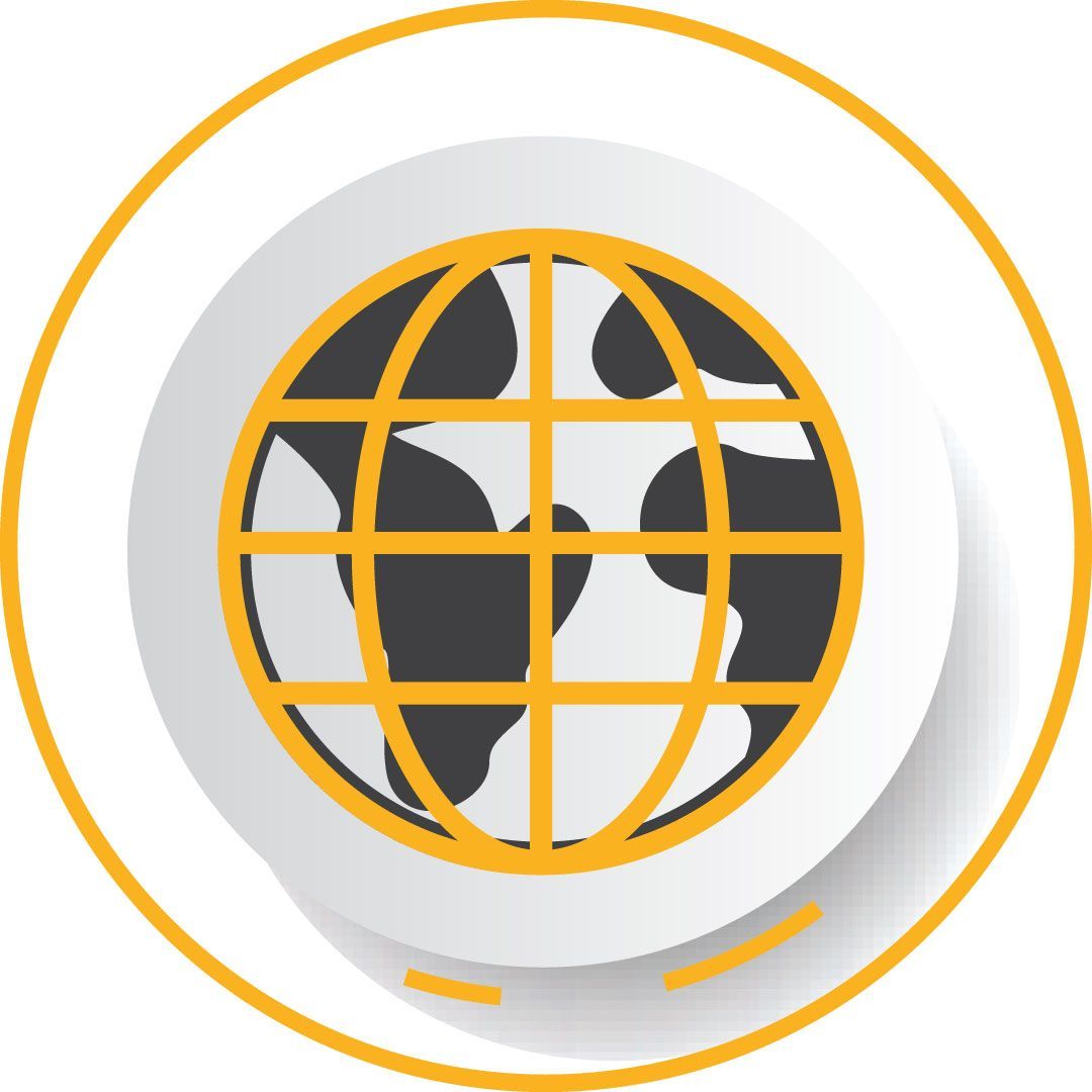 An icon of a globe in a white circle with a yellow border.