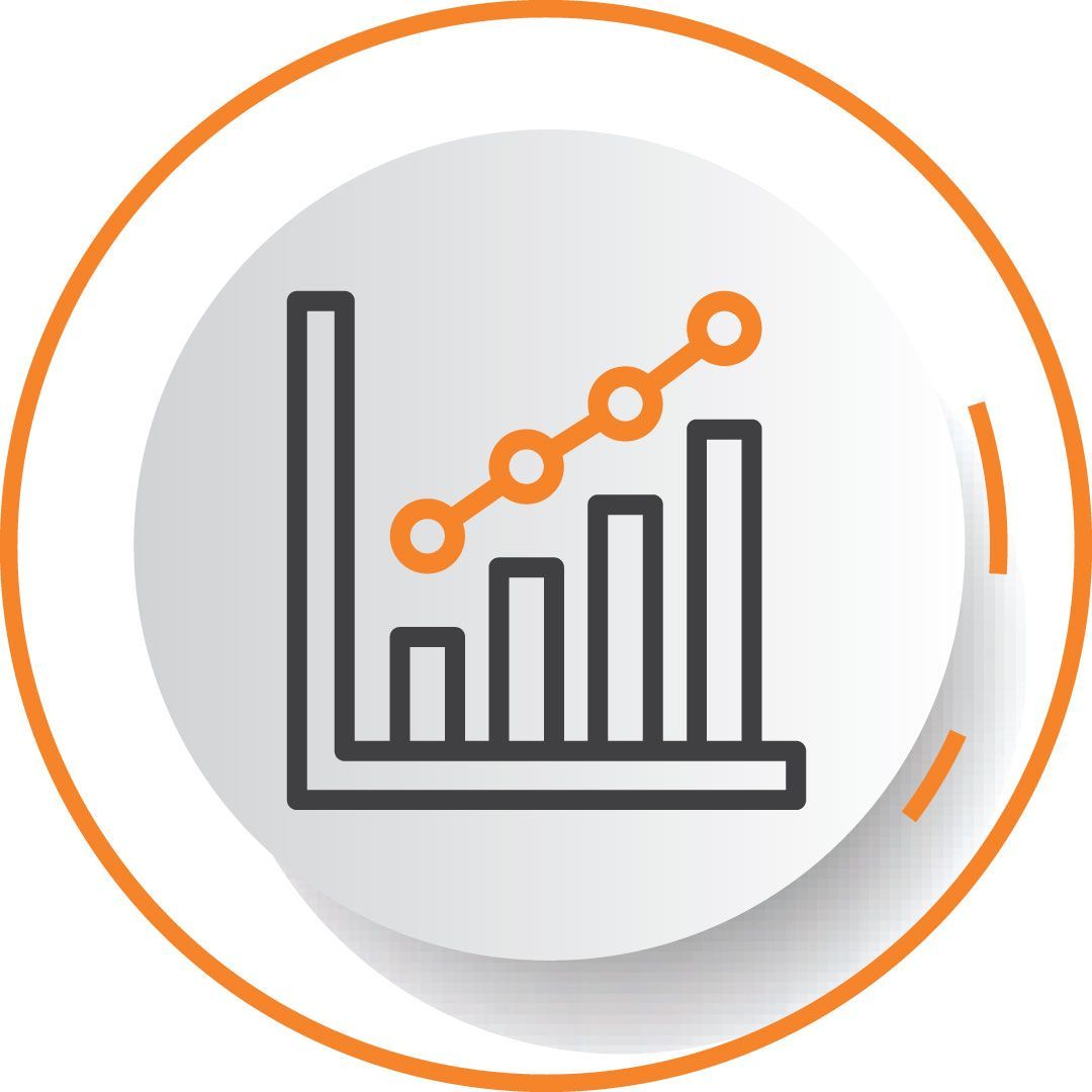 A line graph with a arrow pointing up in a circle.