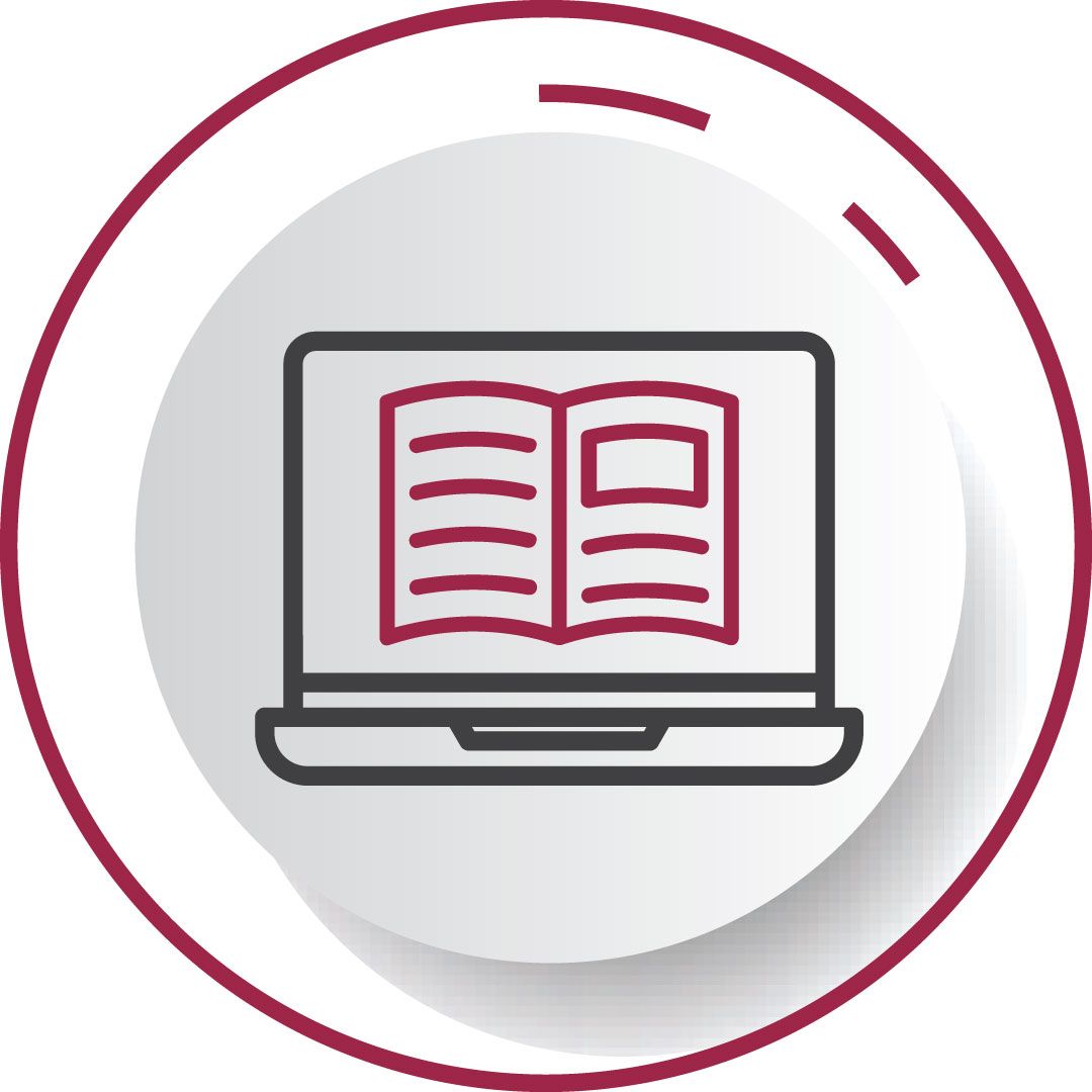 An icon of a laptop with an open book on the screen.