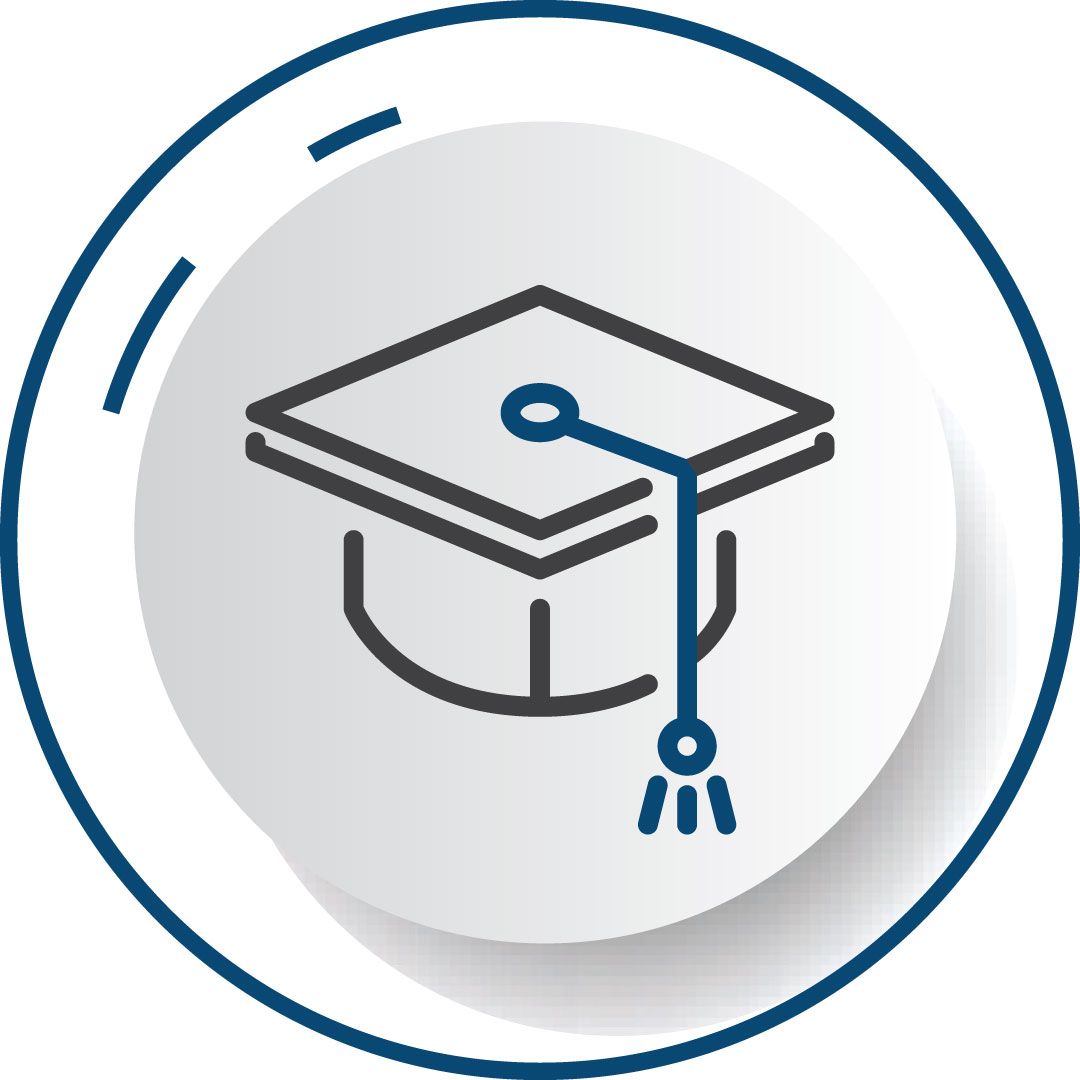 An icon of a graduation cap with a tassel in a circle.