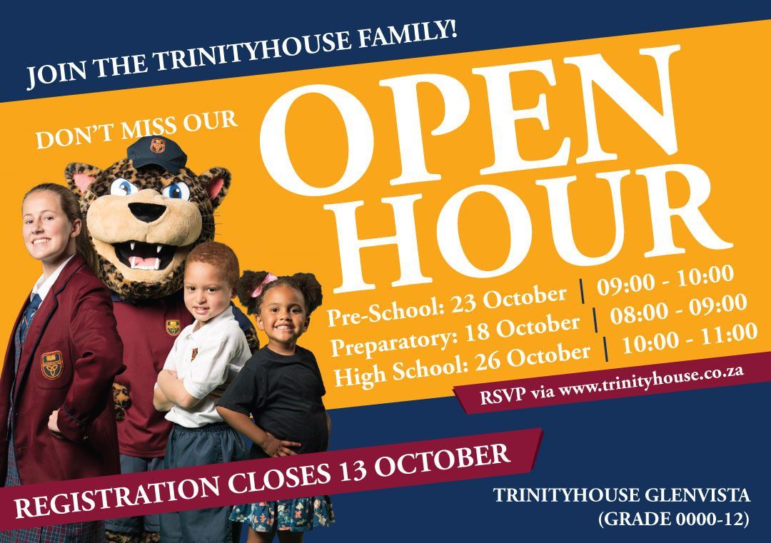 An advertisement for an open hour for the trinity house family