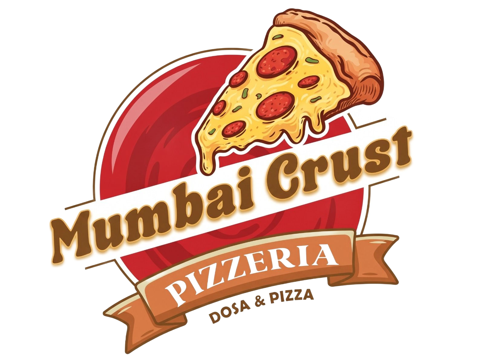 Mumbai Crust Pizzeria logo with a pizza slice over red circle and “Dosa & Pizza” banner