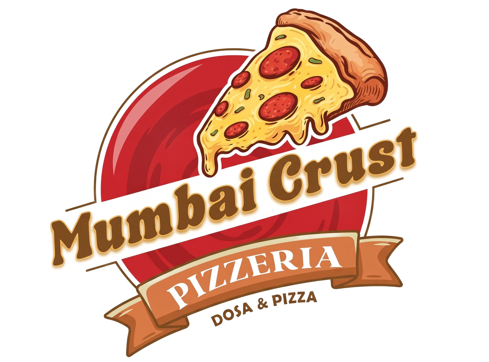 Mumbai Crust Pizzeria logo with pizza slice and dosa graphic in red, brown, and yellow
