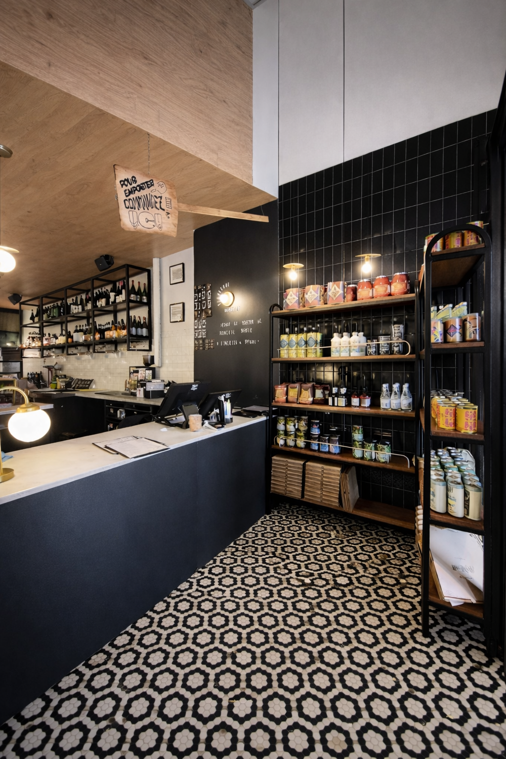 Intérieur d'un petit café avec comptoir noir, sol carrelé à motifs et étagères de bocaux et de bouteilles contre les murs carrelés.