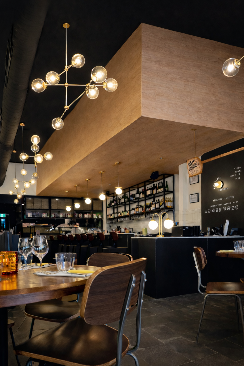 Intérieur de restaurant moderne avec luminaires suspendus en forme de globe, tables en bois et comptoir de bar noir