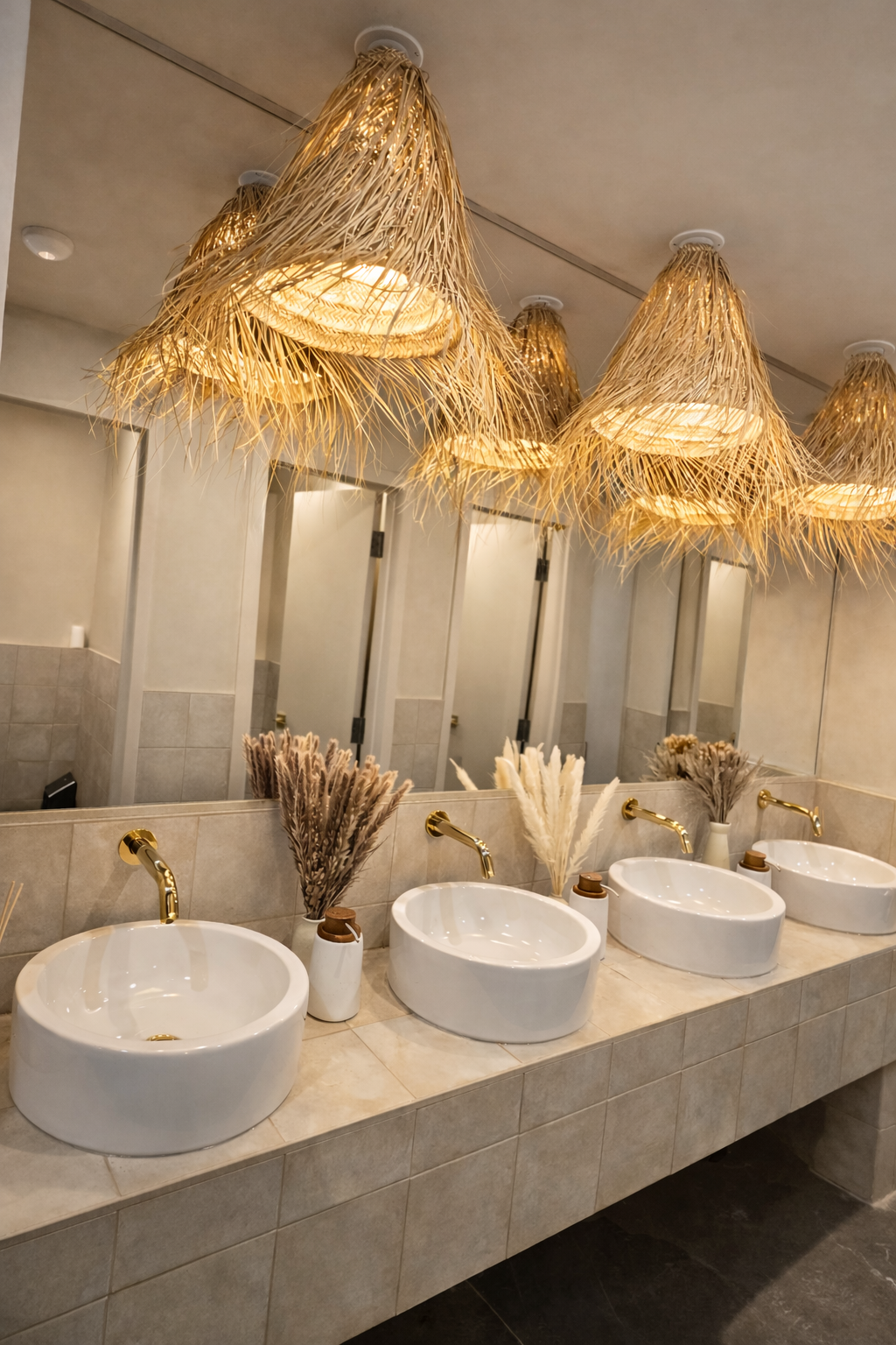 Toilettes modernes avec vasques blanches, miroirs et suspensions lumineuses en tissu tressé au-dessus d'un comptoir carrelé.