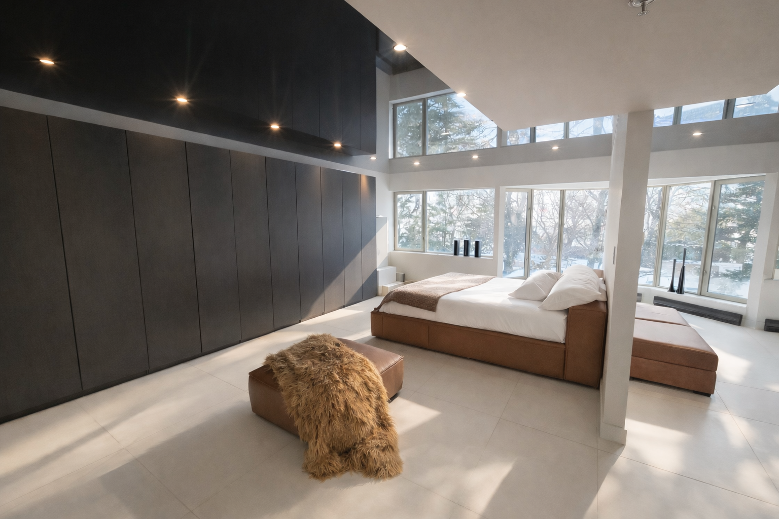 Chambre moderne avec de grandes fenêtres, un lit blanc, un mur en bois foncé et un fauteuil beige duveteux baigné de lumière naturelle.