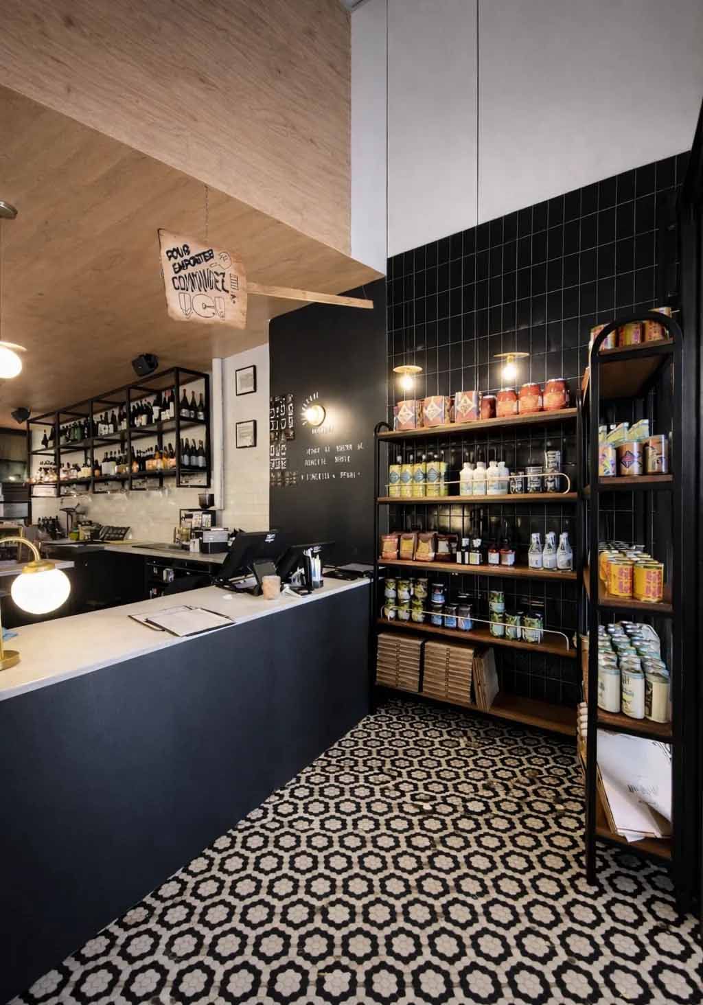 Comptoir de café chaleureux avec étagères de bocaux et de bouteilles, sol carrelé en noir et blanc et éclairage tamisé.