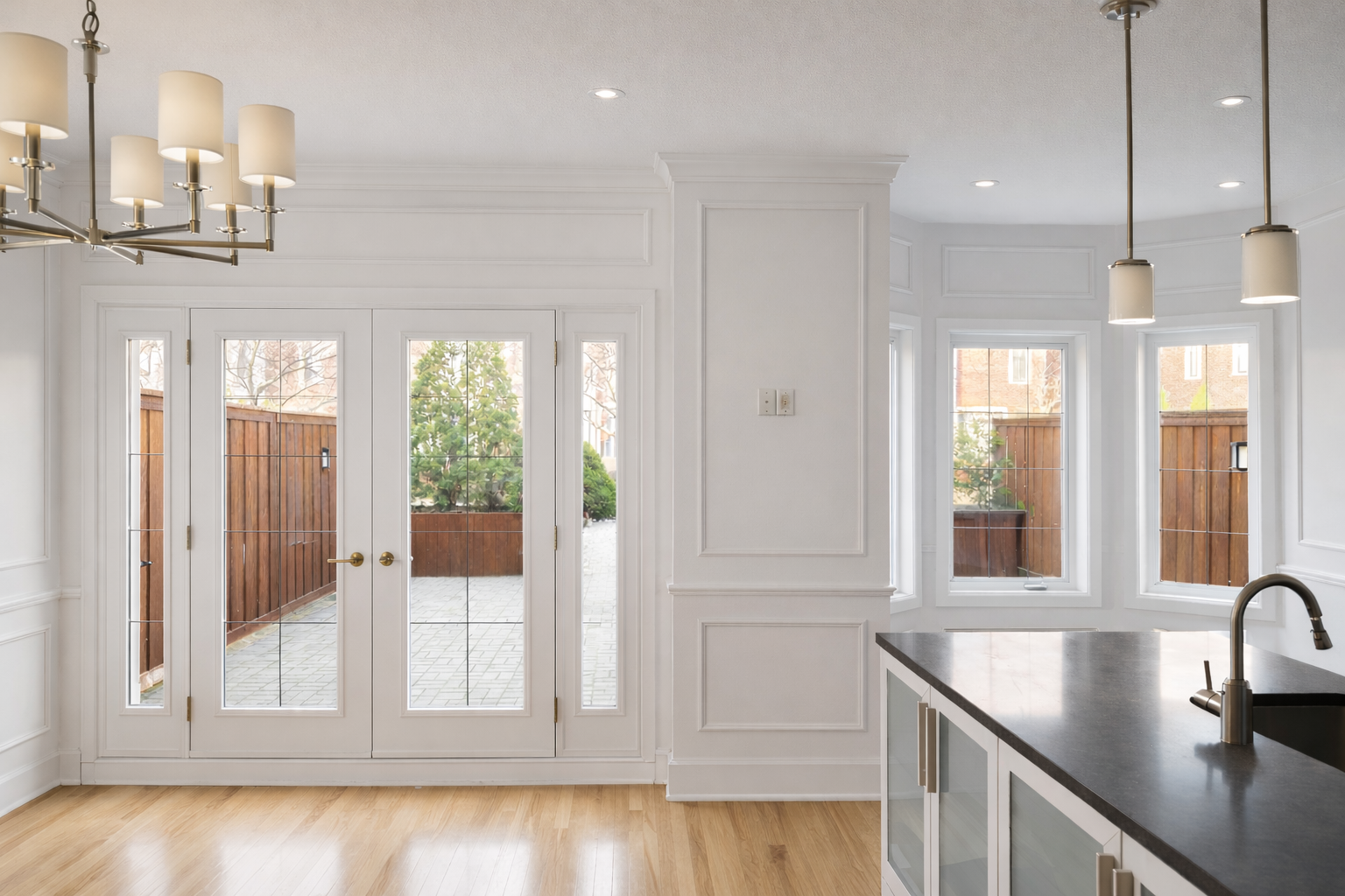 Cuisine blanche lumineuse avec portes vitrées, parquet et îlot central foncé.