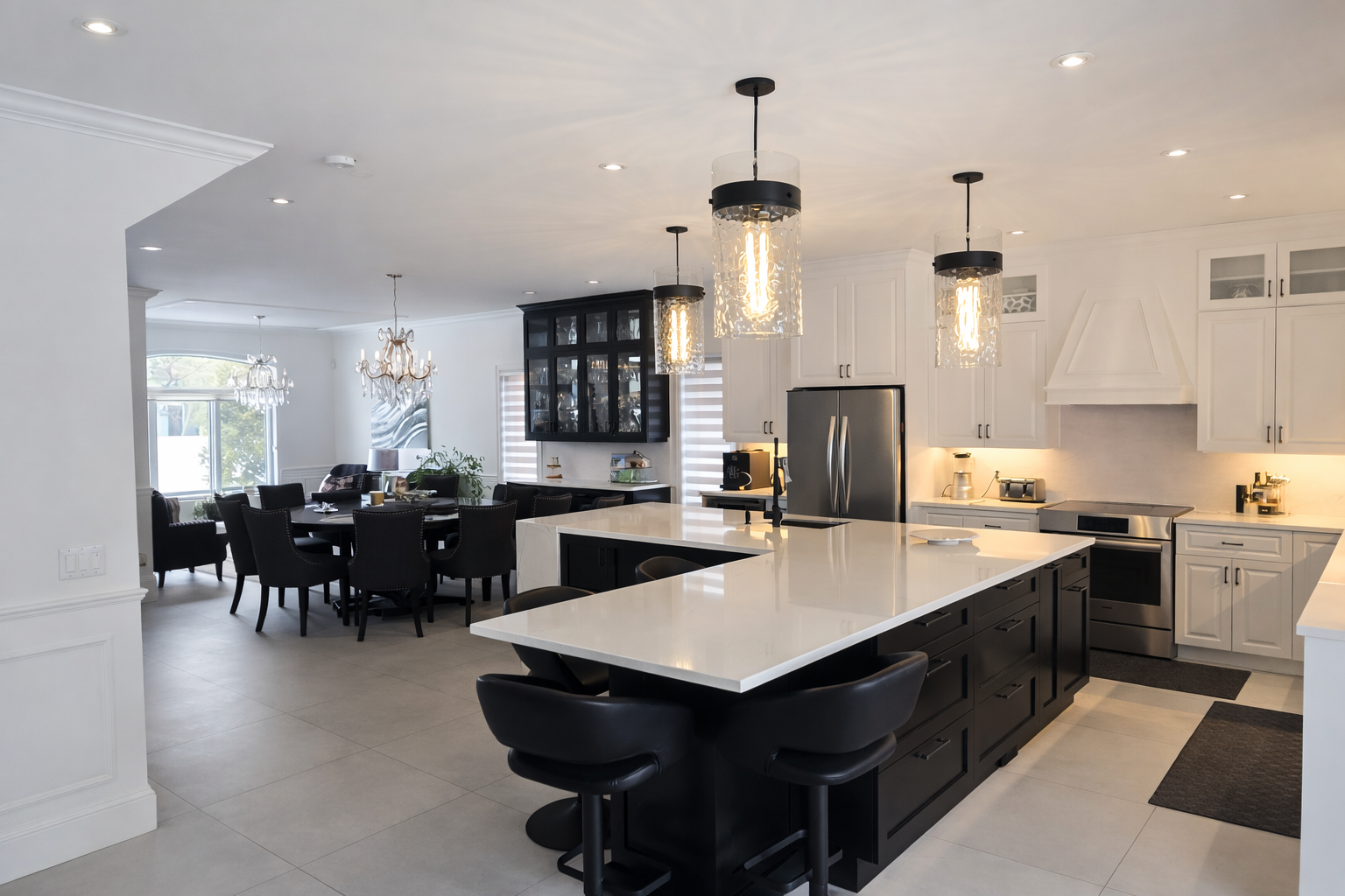 Cuisine et salle à manger modernes à aire ouverte avec chaises noires, îlot blanc et suspensions lumineuses