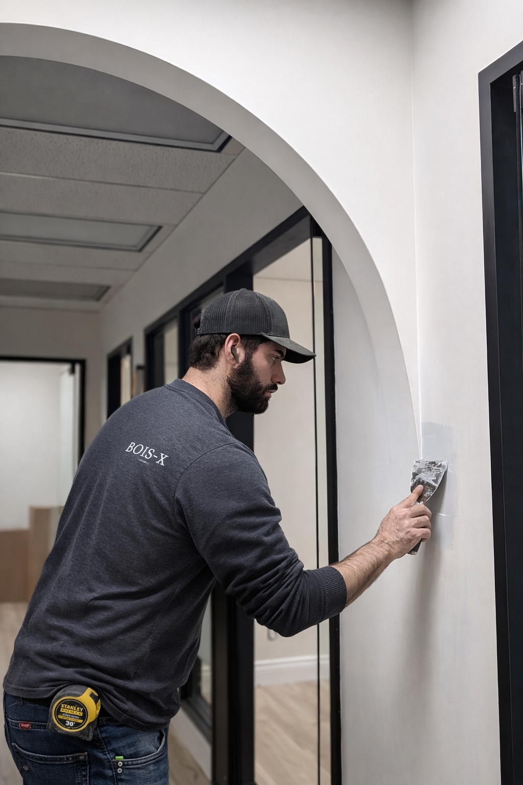 Un ouvrier ponce un mur blanc à côté d'une porte cintrée dans un intérieur lumineux.