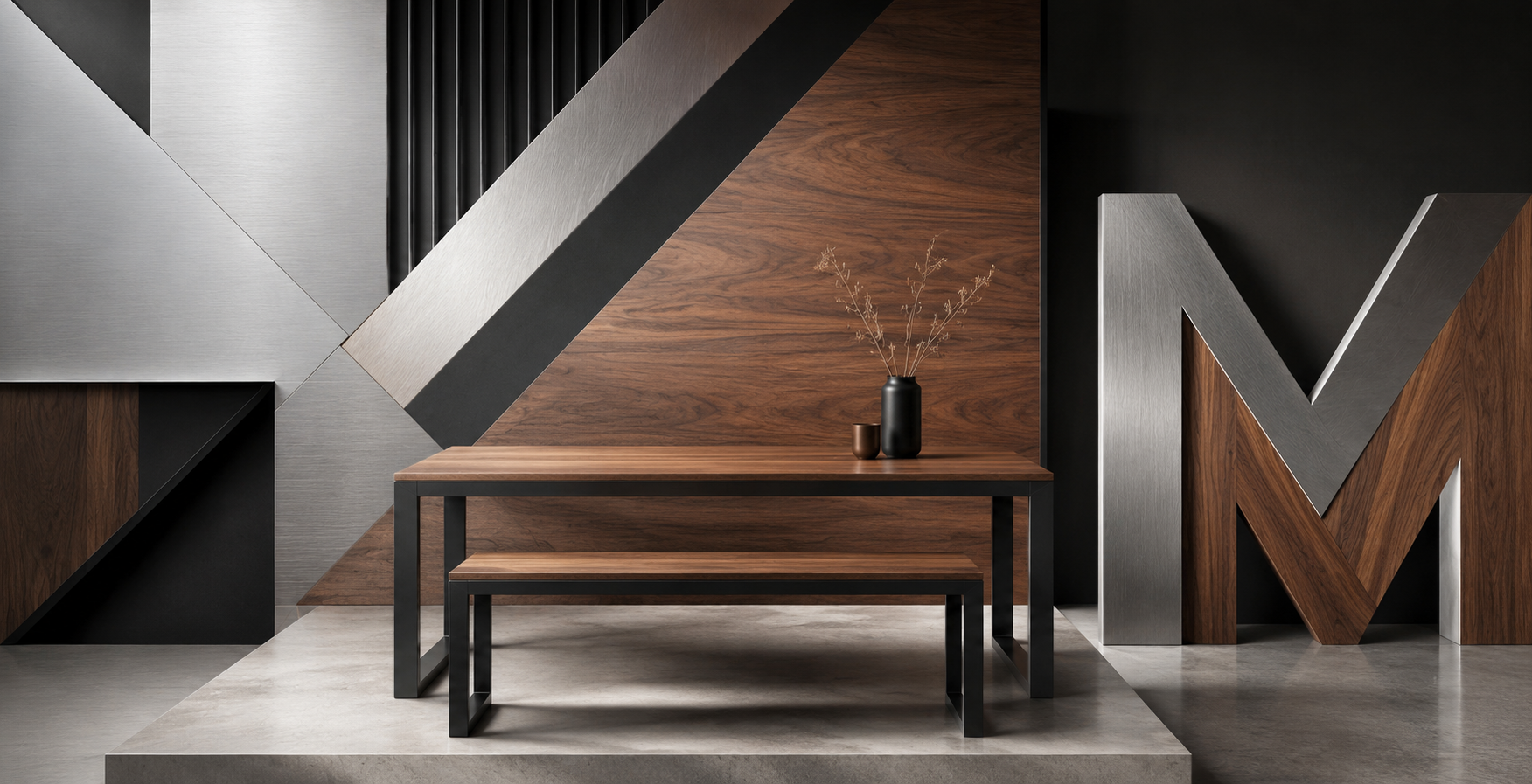 Sala de estar moderna con un sofá gris y una mesa de centro de madera oscura sobre una alfombra.
