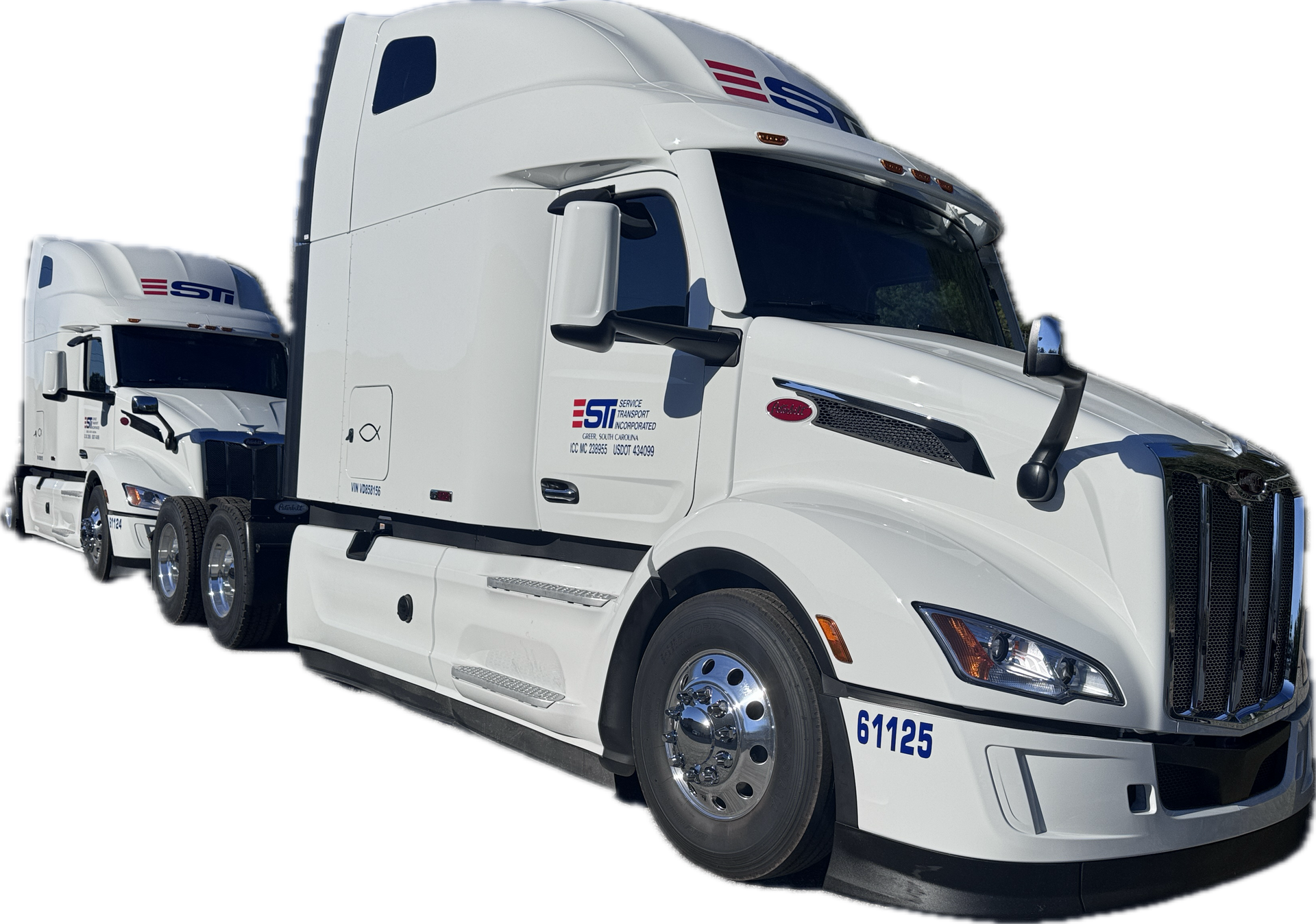 White semi-truck with sleeper cab and trailer, angled view on a white background.