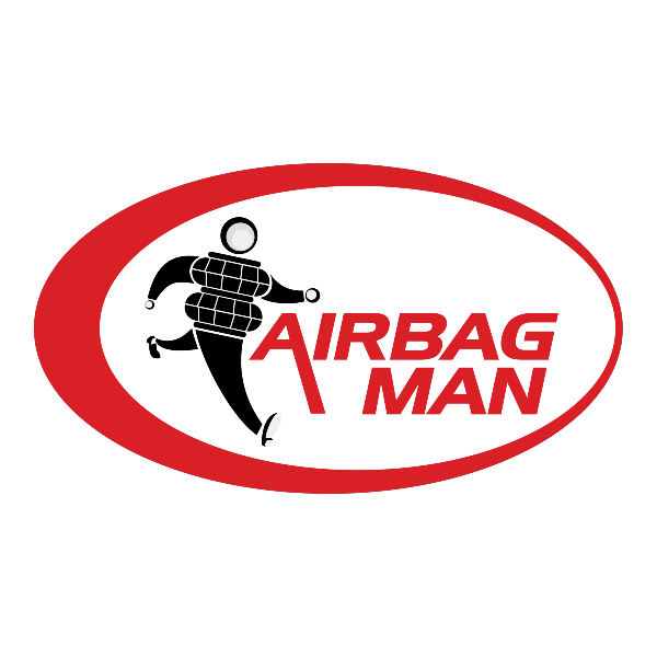 A red oval logo featuring a stylized black figure with stacked, airbag-like sections, next to the red text