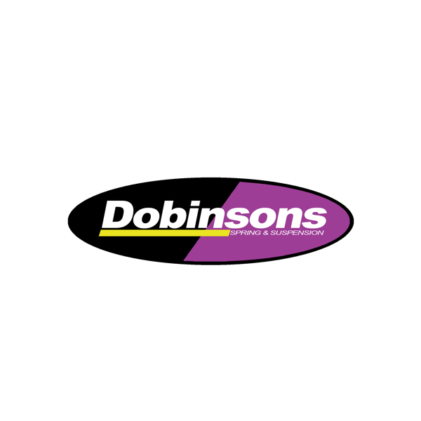 Dobinsons logo in white text on a black and purple oval background